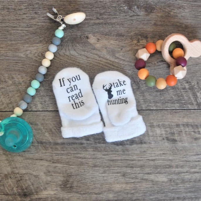 Take Me Hunting Baby Socks. If you can read this, Take me hunting on bottom of socks. Terry lined. - Little Gift Nook