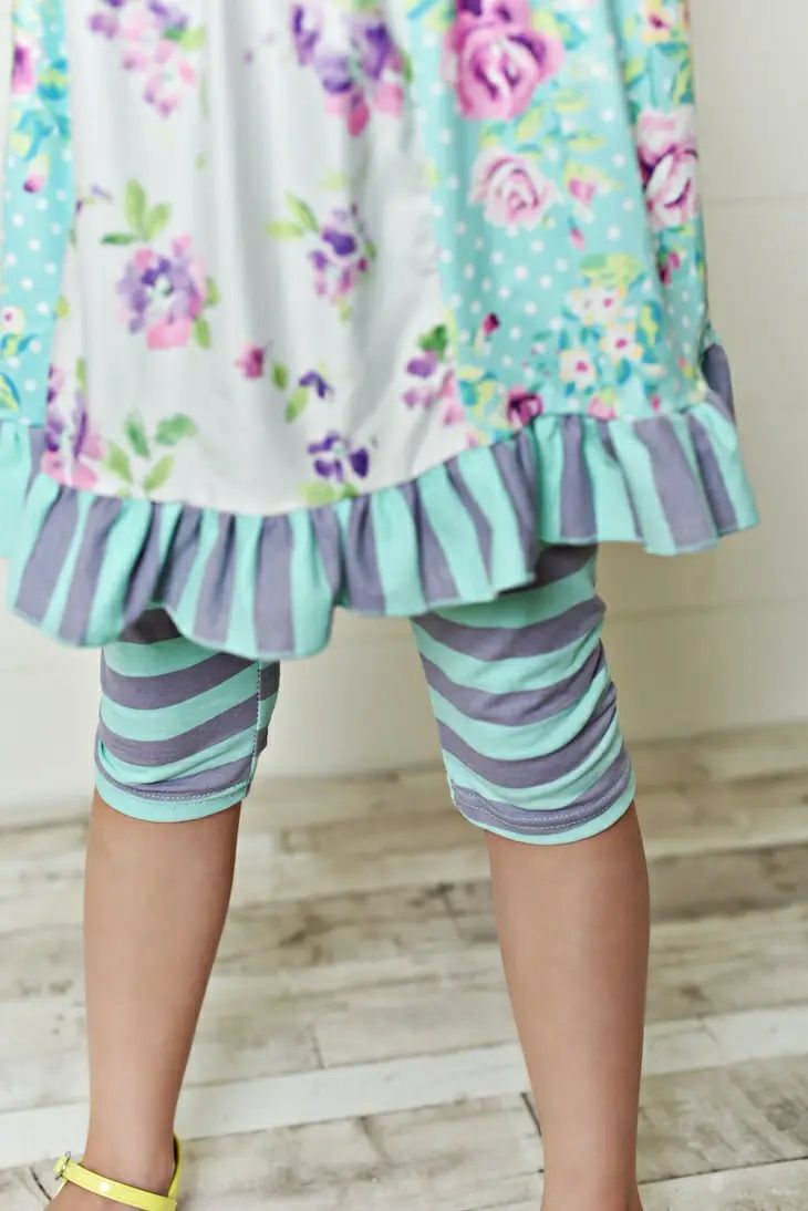 Teal Purple Floral Print Ruffle Capris Set. close up of ruffle hem and striped cotton capris. - Little Gift Nook