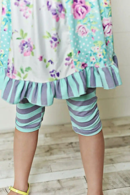 Teal Purple Floral Print Ruffle Capris Set. close up of ruffle hem and striped cotton capris. - Little Gift Nook