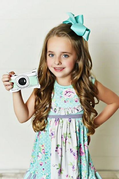 Teal Purple Floral Print Ruffle Capris Set. Close up of front of tunic dress with floral print and ruffles. - Little Gift Nook