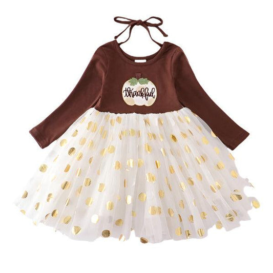 Thanksgiving Pumpkin Applique Girl Tutu Dress. Brown bodice with pumpkin and thankful on front. White gold dot tutu lined skirt. - Little Gift Nook