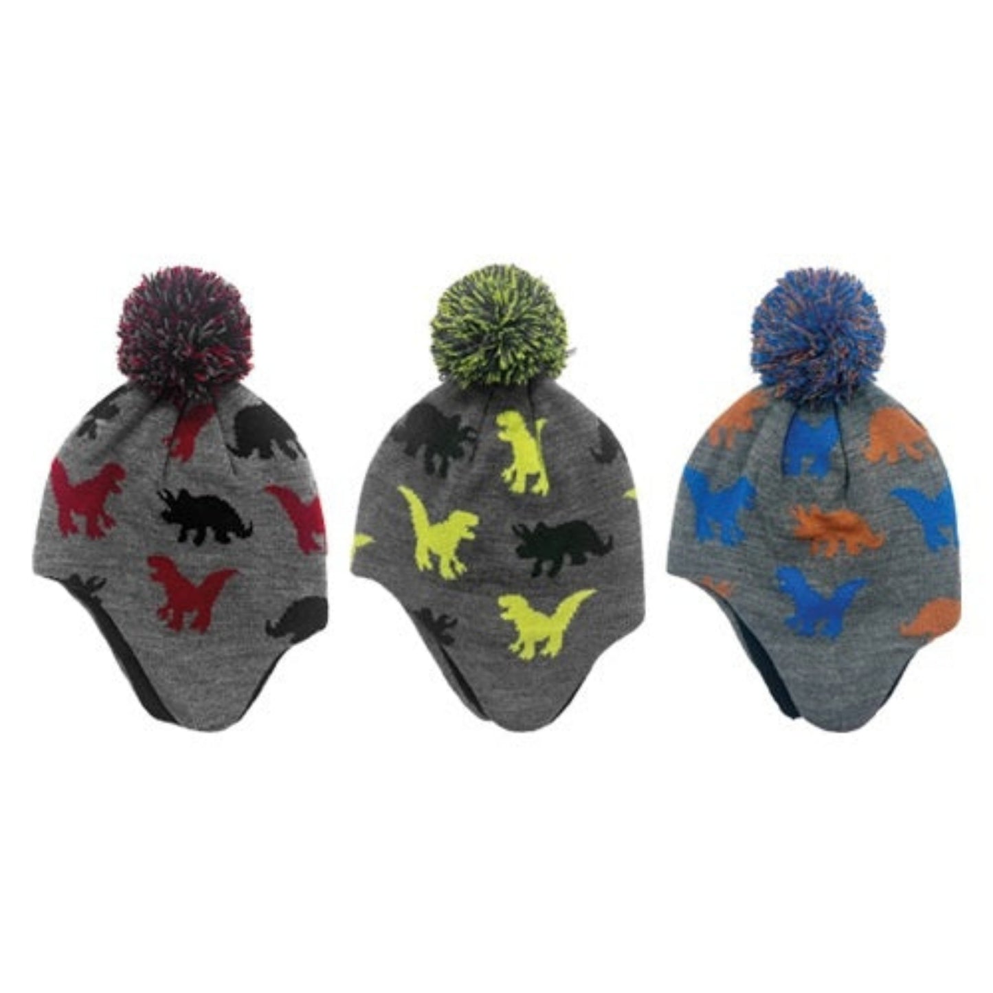 Boys Dinosaur Knit Toddler Winter Hats. 3 color patterns. Ear flaps. - Little Gift Nook
