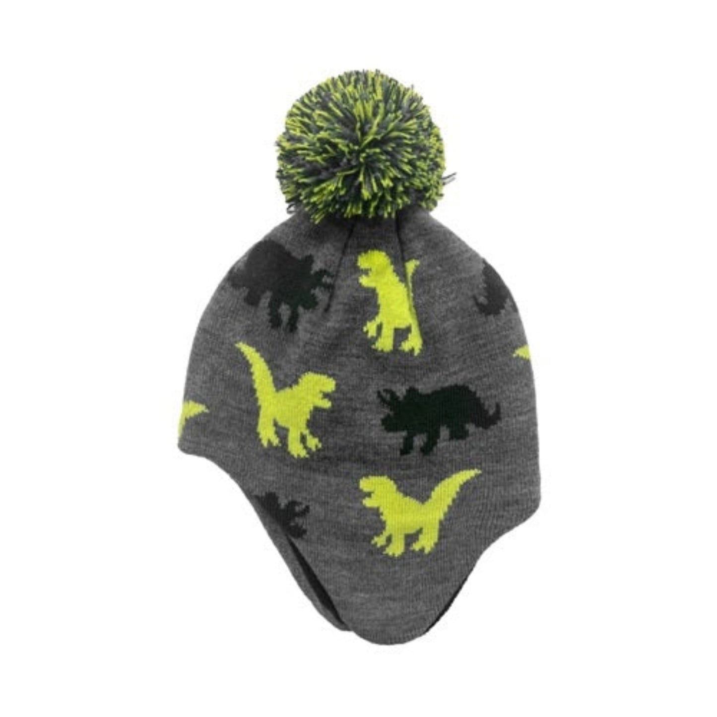 Boys Dinosaur Knit Toddler Winter Hats. Gray with yellow and green dino print and pom pom.- Little Gift Nook