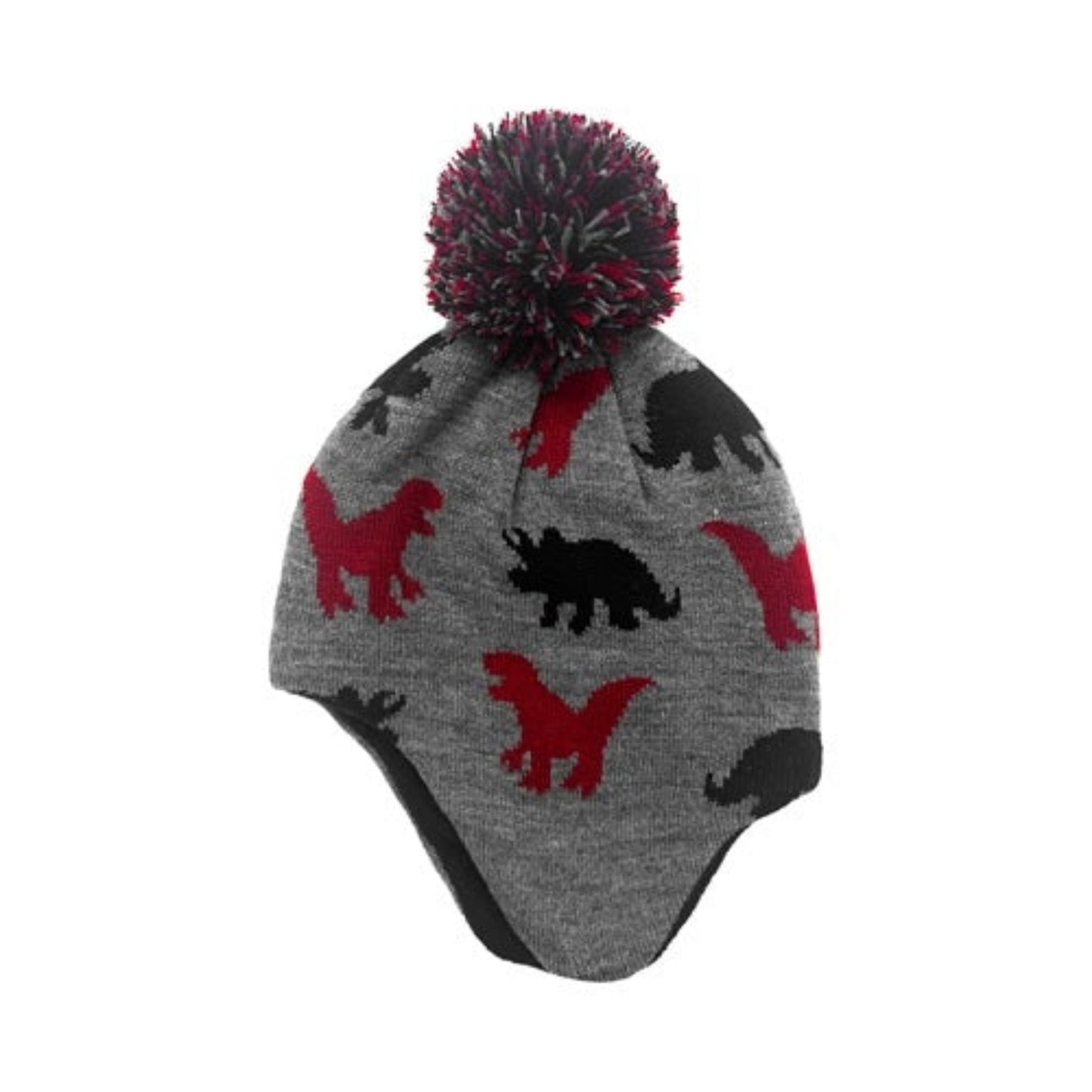Boys Dinosaur Knit Toddler Winter Hats. Gray black red dinosaur print hat and pom pom. - Little Gift Nook