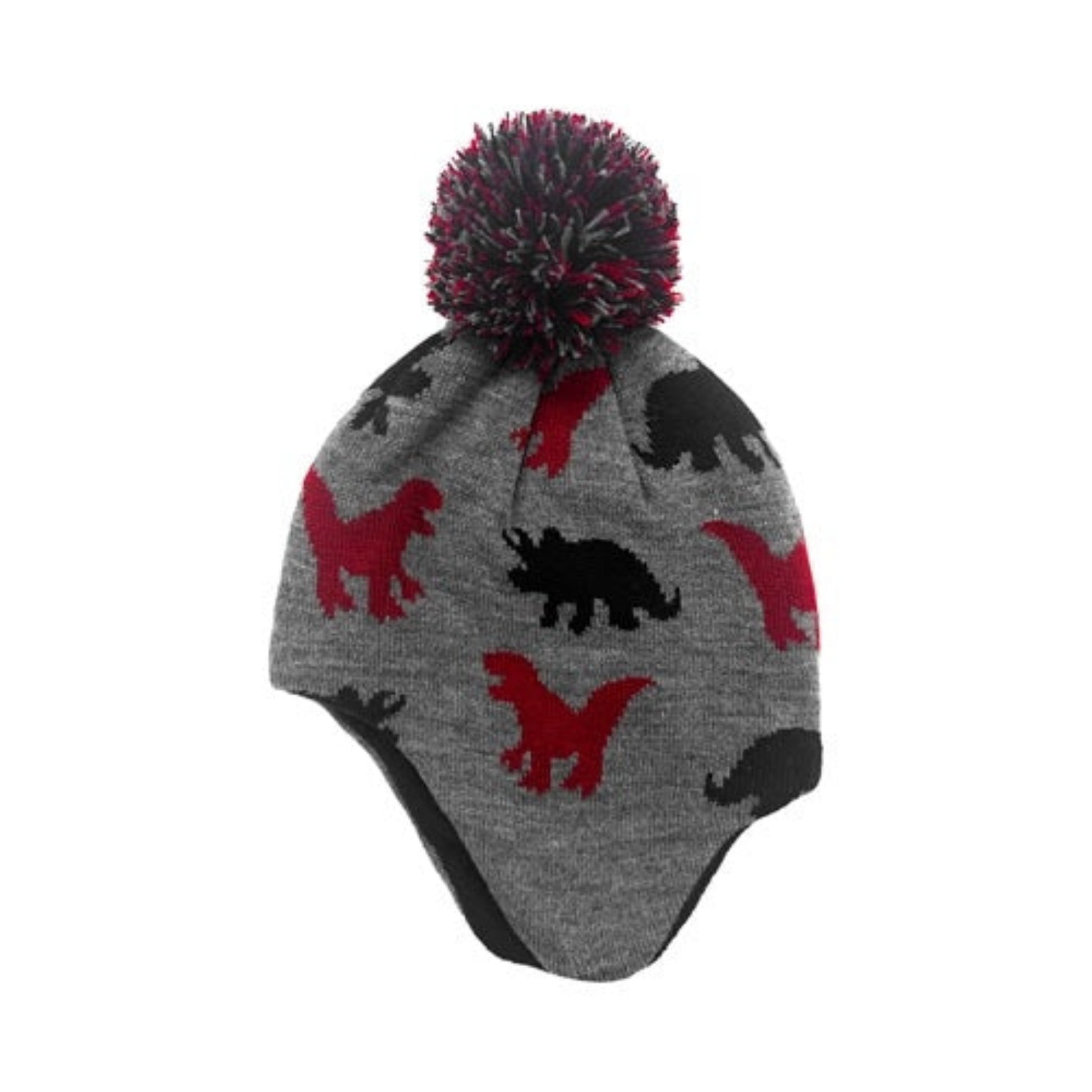 Boys Dinosaur Knit Toddler Winter Hats. Gray black red dinosaur print hat and pom pom. - Little Gift Nook