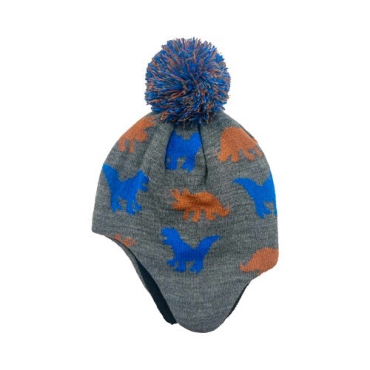 Boys Dinosaur Knit Toddler Winter Hats. Gray with blue and orange dinosaurs and pom pom. - Little Gift Nook