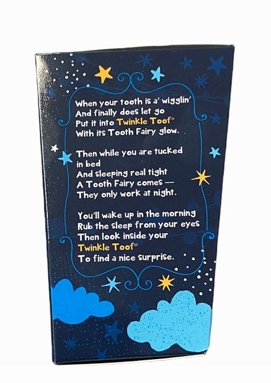Twinkle Toof Tooth Fairy Glow in the Dark Keeper. Box that explains story of the product. Little Gift Nook