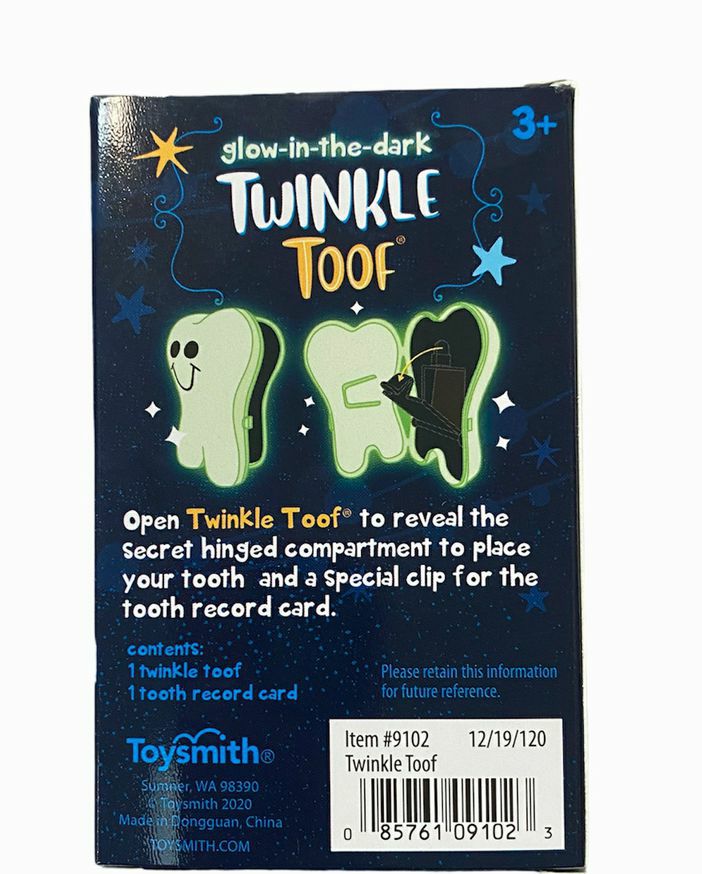 Twinkle Toof Tooth Fairy Glow in the Dark Keeper.  Box that explains how the tooth box works. Little Gift Nook