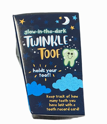 Twinkle Toof Tooth Fairy Glow in the Dark Keeper.  Side of box that explains what it does. Little Gift Nook