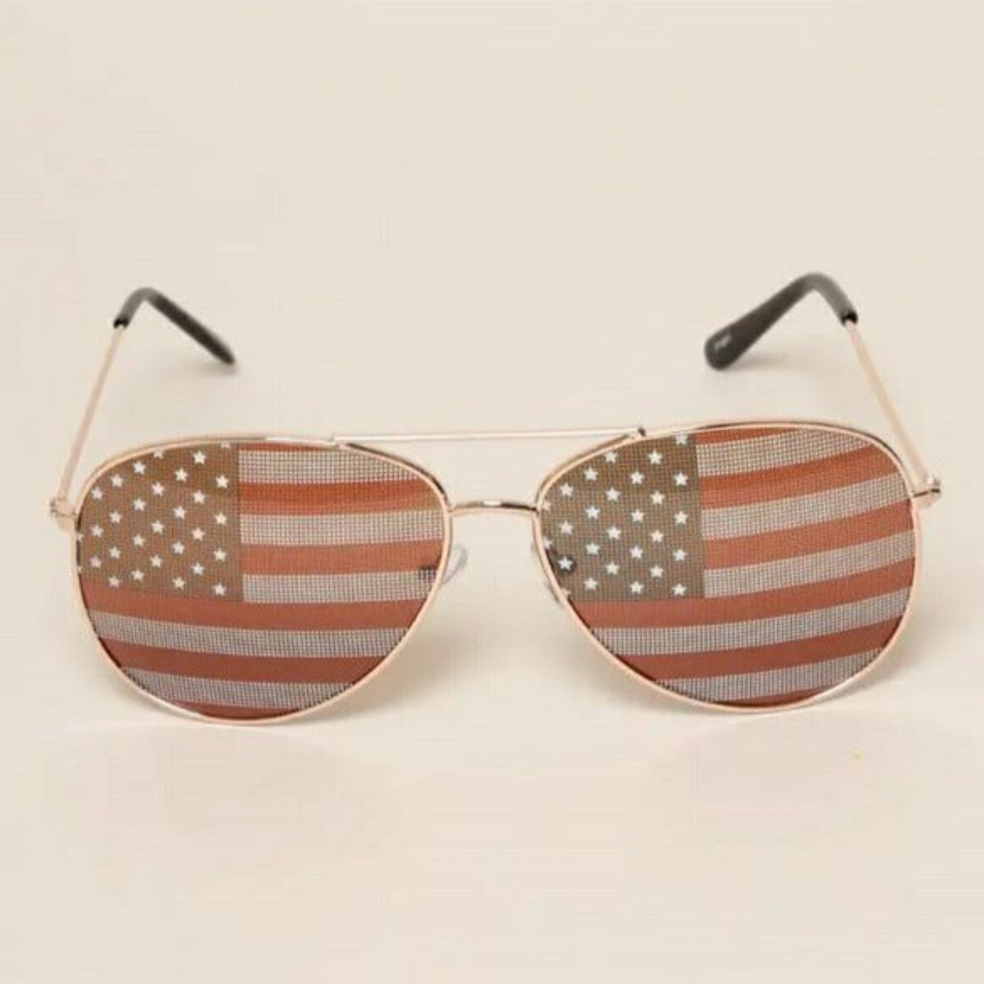 USA American Flag Aviator Adult Sunglasses front view.  See through flags on each lens. - Little Gift Nook