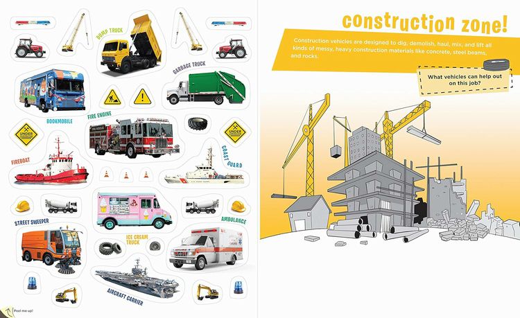 Vehicles Sticker Activity Book. Page of buses, emergency vehicles, and construction vehicles stickers.- Little Gift Nook