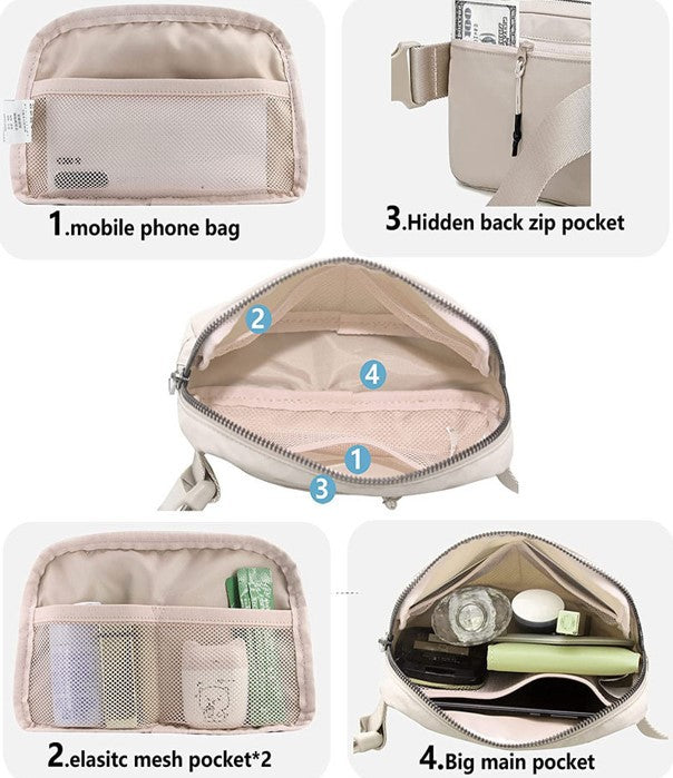 Waterproof Cross Body Sling Fanny Pack Belt Bag in Tan. Different pockets and compartments.  - Little Gift Nook