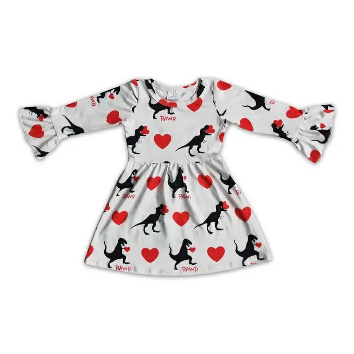 Dinosaur Print Heart Dress. White bell sleeve dress with black trex dinos earting red hearts. - Little Gift Nook
