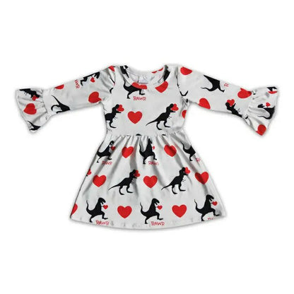 Dinosaur Print Heart Dress. White bell sleeve dress with black trex dinos earting red hearts. - Little Gift Nook