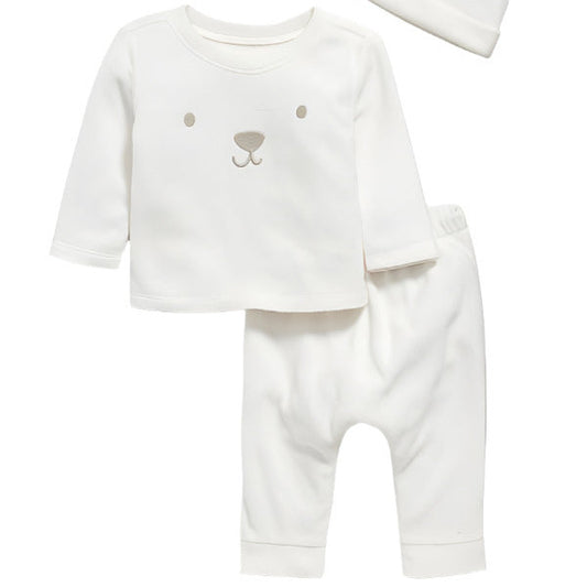 Soft Layette Bear 3 piece Set for Baby. White fleece bear face top, pants, and hat with little ears. - Little Gift Nook