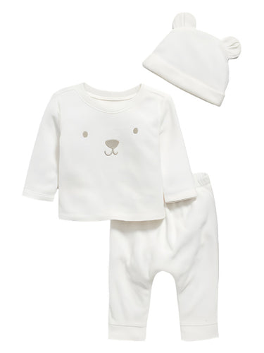 Baby Layette 3 piece set with fleece top, pants, and hat.  Bear face embroidred on front.