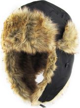 Load image into Gallery viewer, Warm Winter Trapper Hat Black with  tan faux fur lining  and ear flaps. - Little Gift Nook