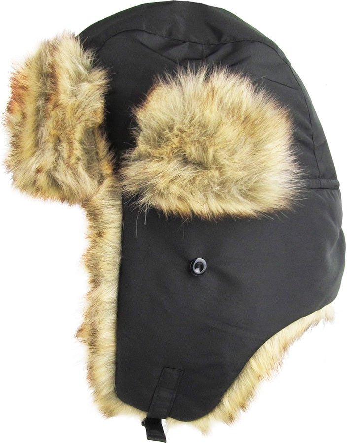 Warm Winter Black Trapper Hat with faux fur lining.  Side view of hat. Has buttons on side for straps & ear flaps to be left up. Little Gift Nook.