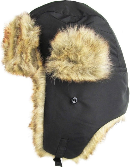 Warm Winter Black Trapper Hat with faux fur lining.  Side view of hat. Has buttons on side for straps & ear flaps to be left up. Little Gift Nook.
