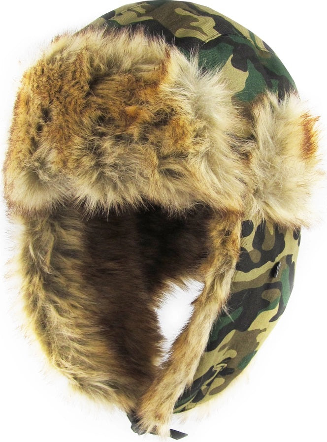 Winter Green Camo Trapper Hat with tan faux fur lining and ear flaps.  Clasp at chin. Little Gift Nook.