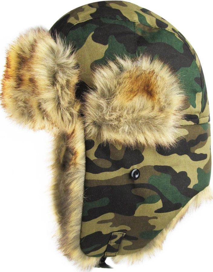 Warm Winter Trapper Hat Green Camo print and tan faux fur lining.  Buttons at side to tack up ear flaps.  Adult unisex one size. Little Gift Nook.