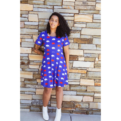 Women's Blue Buffalo Print Soft Dress.  Woman wearing dress. Falls at knee. - Little Gift Nook