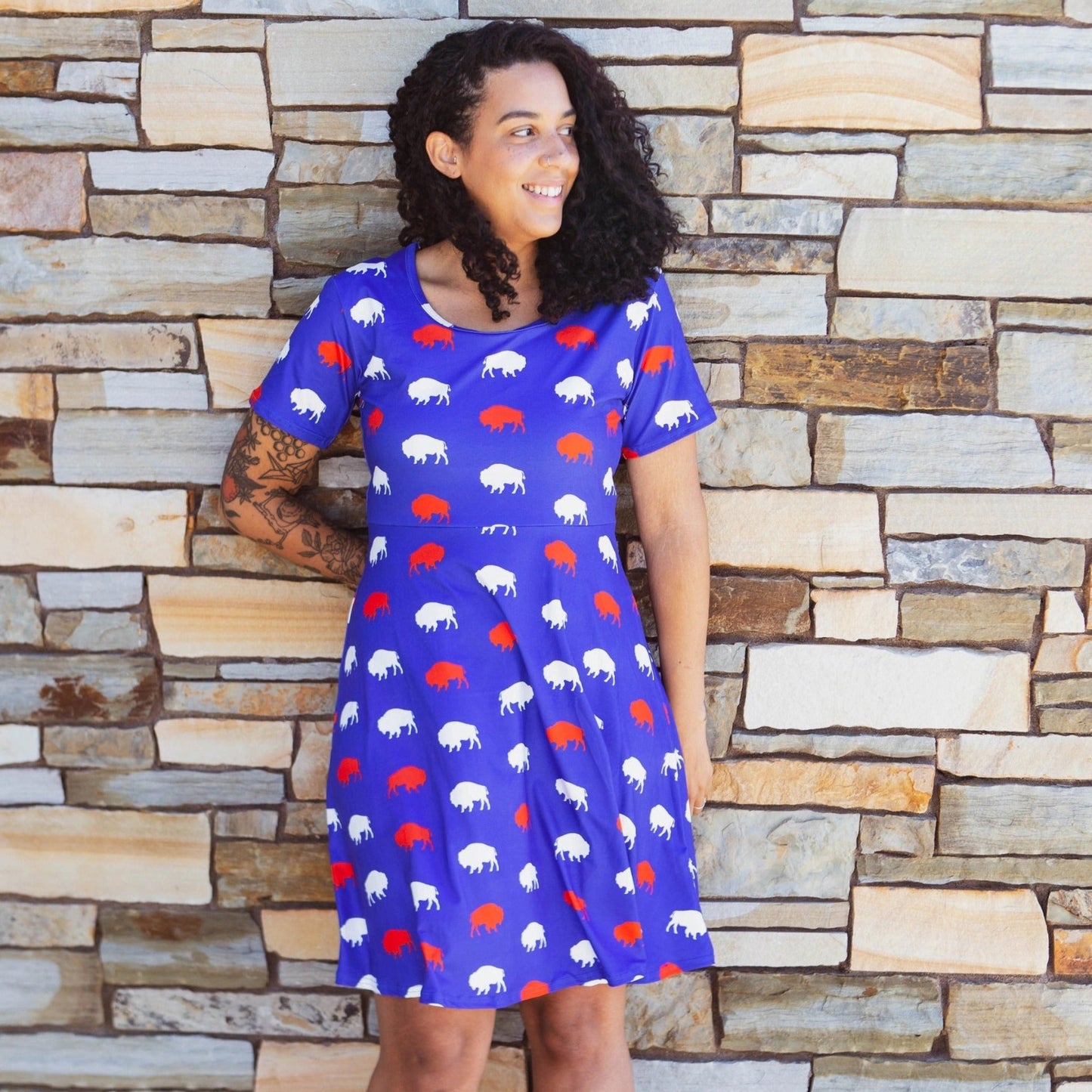 Women's Blue Buffalo Print Soft Dress. Short sleeved. Pull on style. - Little Gift Nook