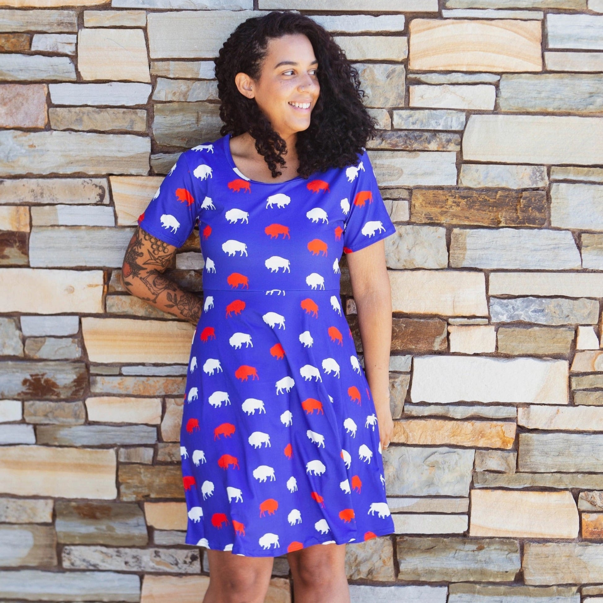 Women's Blue Buffalo Print Soft Dress. Short sleeved. Pull on style. - Little Gift Nook