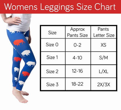Red and Blue Women's Buffalo Leggings size chart. - Little Gift Nook