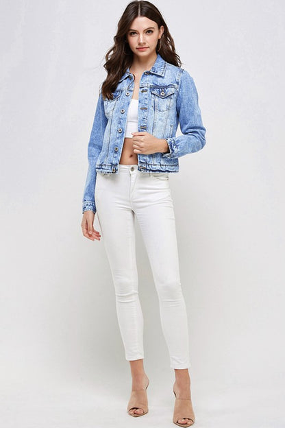 Women's Light Wash Denim Jacket. Full length view on model.  Sits at top of hips.  Metal buttons up front. - Little Gift Nook