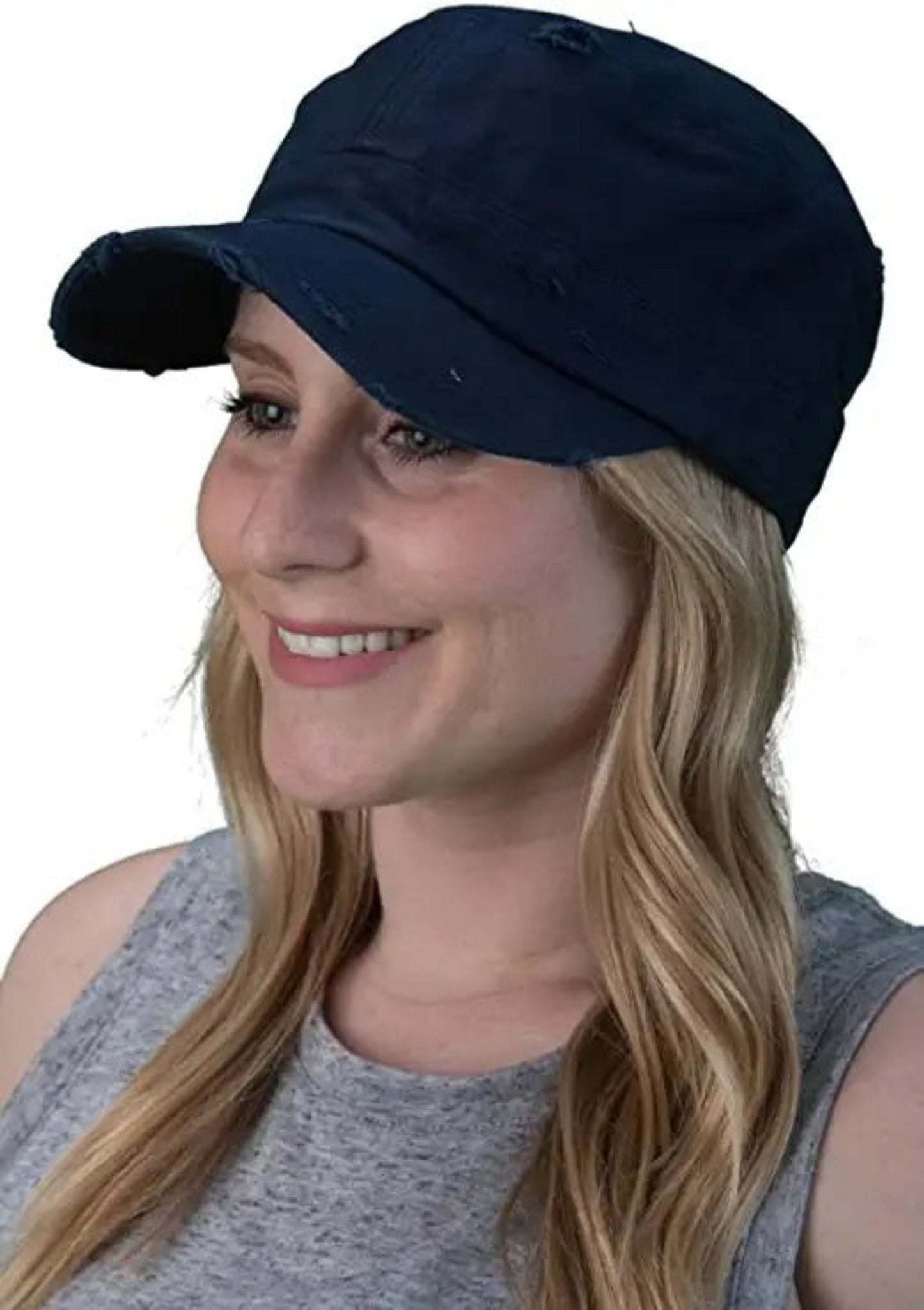 women's Navy Adult Cadet Hat side view on model- Little Gift Nook