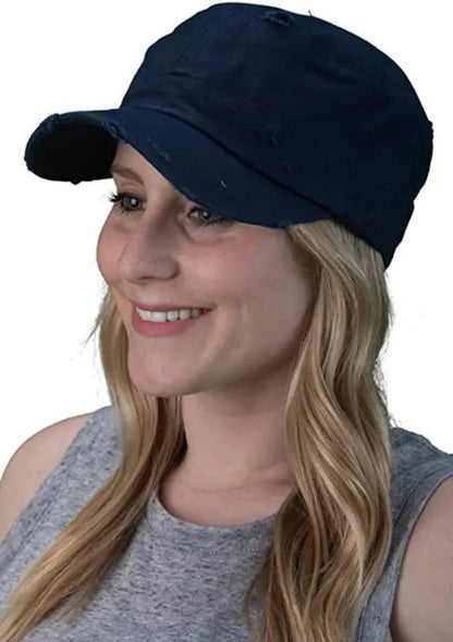 women's Navy Adult Cadet Hat side view on model- Little Gift Nook