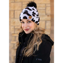 Load image into Gallery viewer, White Black Cow Print Pom Hat ~ Woman&#39;s Beanie Hat NEW