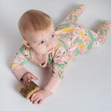 Load image into Gallery viewer, pink yellow giraffe print organic sleeper with grow cuffs.