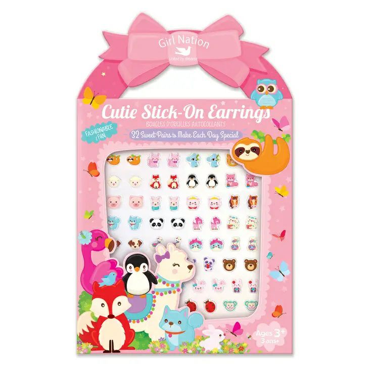 Kids Stick On Sticker Earrings ~ Animal Friends 32 Pair in package with see through front and handle. - Little Gift Nook