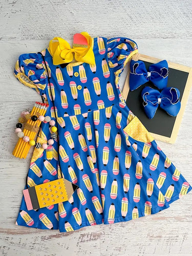 Blue Yellow Pencil Pocket Twirl Dress NEW ~ Choose your size!