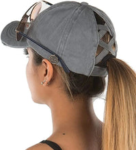 Load image into Gallery viewer, Criss Cross Ponytail Hat in gray with side sunglass holder buttons