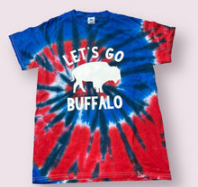 Load image into Gallery viewer, Red White &amp; Blue tie dye tee with Let&#39;s Go Buffalo on front in white and big buffalo.
