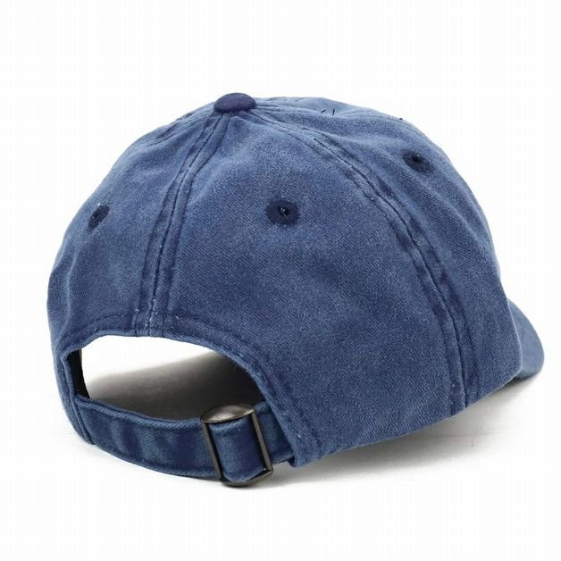 Navy baby baseball hat back view with adjustable slider sitting on white background.