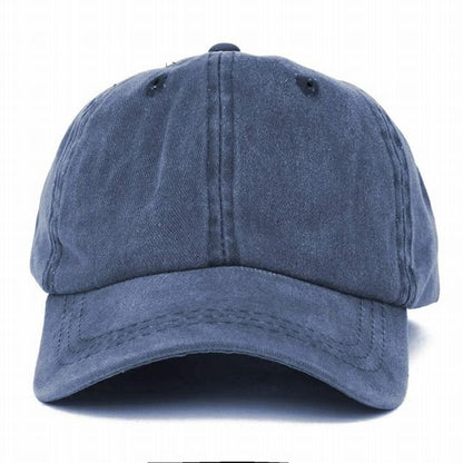 Navy baby baseball hat front view sitting on white background.