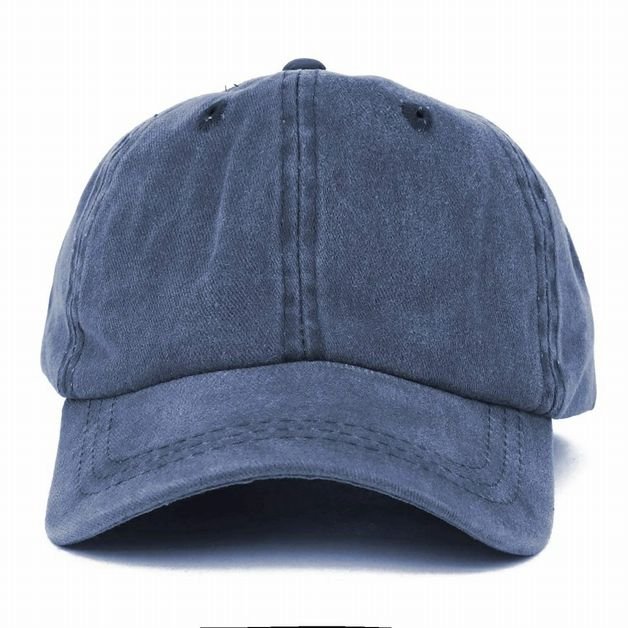 Navy baby baseball hat front view sitting on white background.