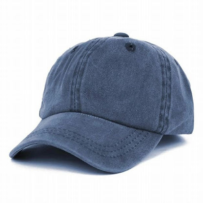 Navy baby baseball hat side view of front sitting on white background.