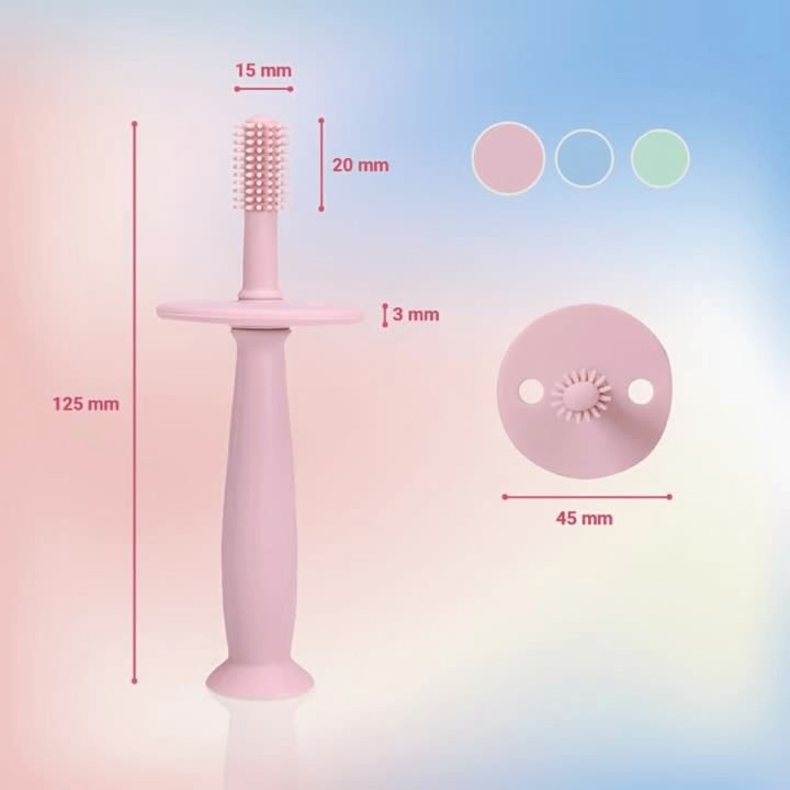 ToothieBrush Baby & Toddler Toothbrush in pink with size details on a colorful background.