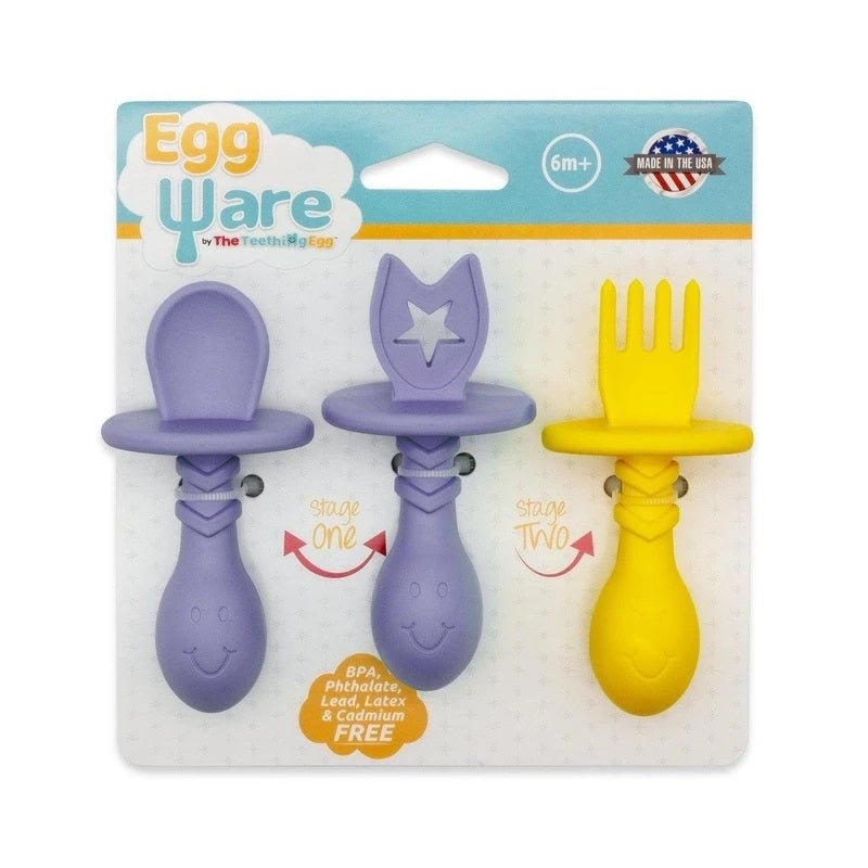 Egg Ware baby and toddler utensils spoon and forks set in package by the Teething Egg Company sitting on white background.