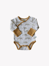 Load image into Gallery viewer, Organic Cotton white, gray, and tan grow with me baby bodysuit. Extra snaps so you get much longer use. Made in India.
