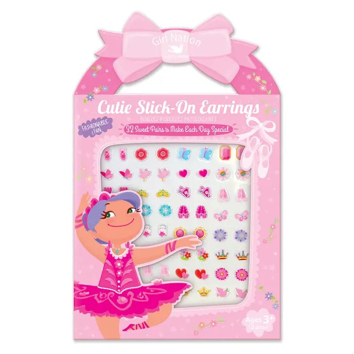 Kids Stick On Sticker Earrings Pretty Ballerinas 32 Pair in package with clear front and handle. - Little Gift Nook