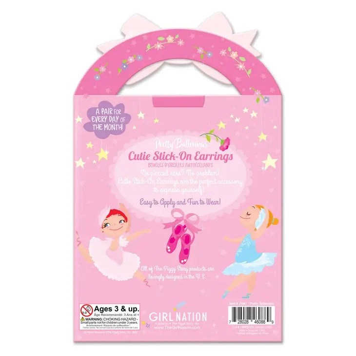 Back of package of kids Stick On sticker Earrings. Pretty Ballerinas theme 32 Pair. - Little Gift Nook