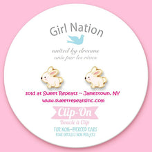 Load image into Gallery viewer, White pink glitter rabbit bunny silicone back clip on earrings. On tag card.