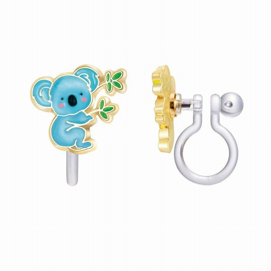 blue koala clip on earrings with silicone backs sitting on white background. Little Gift Nook