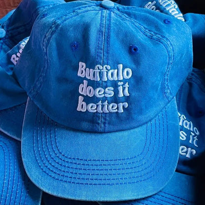 Buffalo does it Better Hat royal blue baseball hat with white lettering. Little Gift Nook.